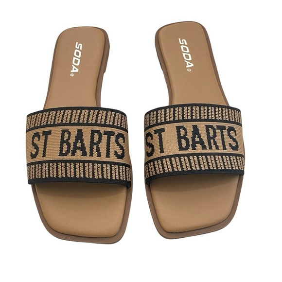 St Barts Tan and Black Sandals Slides Size 7 - Picture 1 of 8